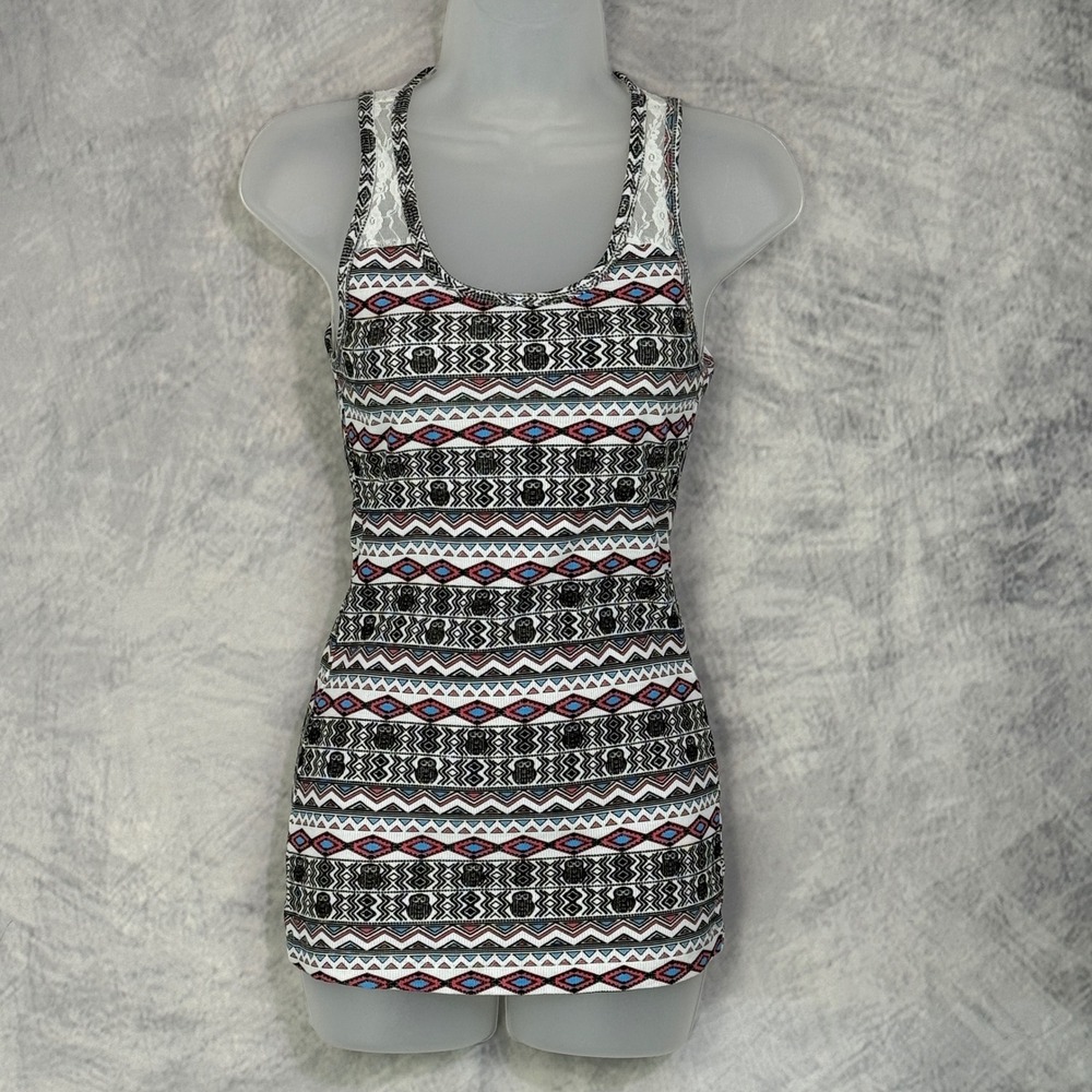 y2k 2010s Eye Candy Owl Print Lace Back Tank Top Womens‎ sz L Indie Sleaze